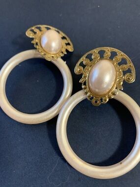 Gold-Tone and Pearl Cream Hoop Drop Earrings - Unbranded
